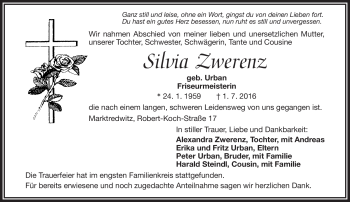 Traueranzeige von Silvia Zwerenz von Frankenpost