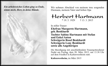 Traueranzeige von Herbert Hartmann von Südthüringer Presse