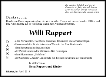 Traueranzeige von Willi Ruppert von Südthüringer Presse