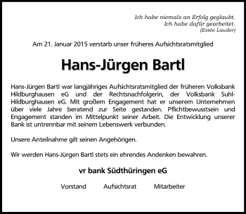 Traueranzeige von Hans-Jürgen Bartl von Südthüringer Presse