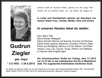 Traueranzeige von Gudrun Ziegler von Frankenpost