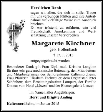 Traueranzeige von Margarete Kirchner von Südthüringer Presse