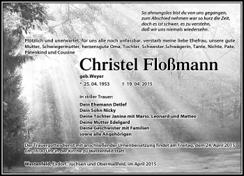 Traueranzeige von Christel Floßmann von Südthüringer Presse