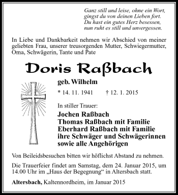 Traueranzeige von Doris Raßbach von Südthüringer Presse
