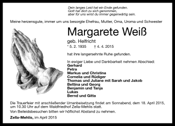Traueranzeige von Margarete Weíß von Südthüringer Presse