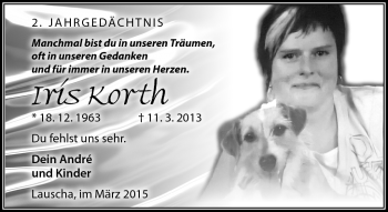 Traueranzeige von Iris Korth von Südthüringer Presse
