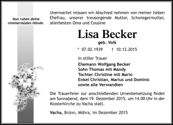 Traueranzeige von Lisa Becker von Südthüringer Presse