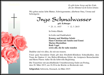 Traueranzeige von Inge Schmalwasser von Südthüringer Presse