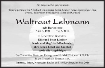 Traueranzeige von Waltraut Lehmann von Südthüringer Presse