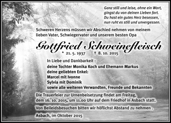 Traueranzeige von Gottfried Schweinefleisch von Südthüringer Presse