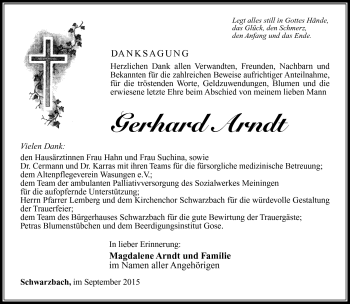 Traueranzeige von Gerhard Arndt von Südthüringer Presse