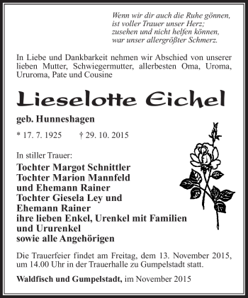 Traueranzeige von Lieselotte Eichel von Südthüringer Presse