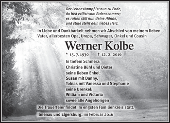 Traueranzeige von Werner Kolbe von Südthüringer Presse