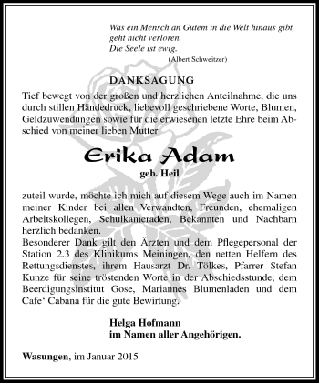 Traueranzeige von Erika Adam von Südthüringer Presse
