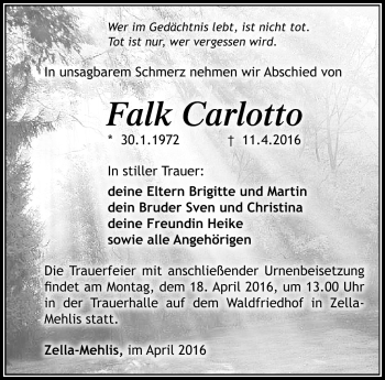 Traueranzeige von Falk Carlotto von Südthüringer Presse