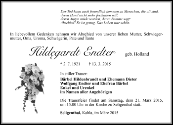 Traueranzeige von Hildebardt Endter von Südthüringer Presse