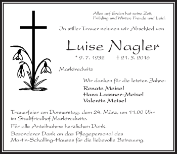 Traueranzeige von Luise Nagler von Frankenpost