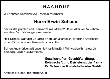 Traueranzeige von Erwin Schedel von Neue Presse Coburg