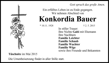 Traueranzeige von Konkordia Bauer von Neue Presse Coburg