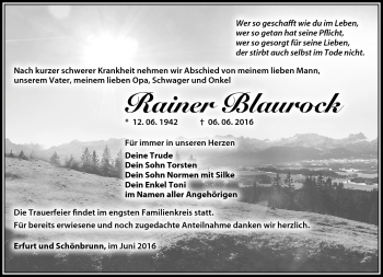 Traueranzeige von Rainer Blaurock von Südthüringer Presse