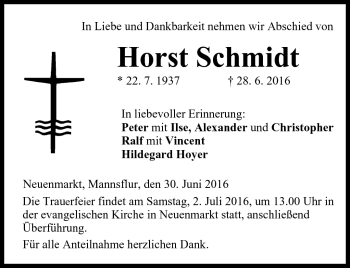 Traueranzeige von Horst Schmidt von Frankenpost