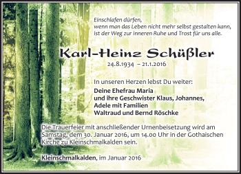 Traueranzeige von Karl-Heinz Schüßler von Südthüringer Presse