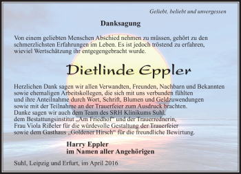 Traueranzeige von Dietlinde Eppler von Südthüringer Presse