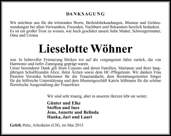 Traueranzeige von Lieselotte Wöhner von Südthüringer Presse