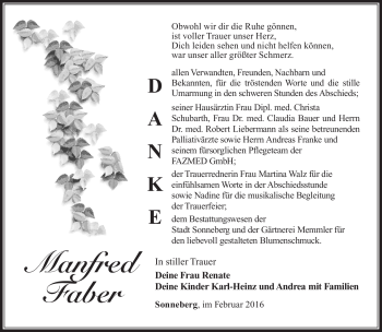Traueranzeige von Manfred Faber von Südthüringer Presse