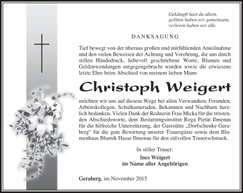 Traueranzeige von Christoph Weigert von Südthüringer Presse
