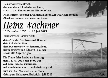 Traueranzeige von Heinz Wachmer von Südthüringer Presse