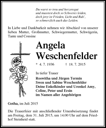 Traueranzeige von Angela Weschenfelder von Südthüringer Presse
