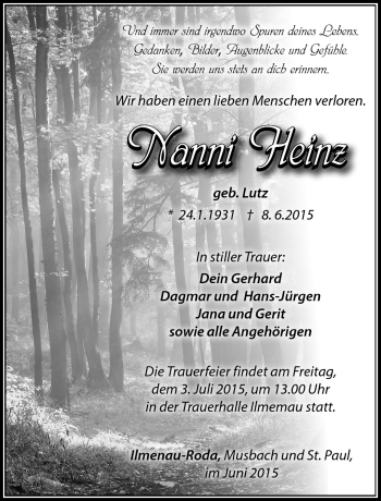 Traueranzeige von Nanni Heinz von Südthüringer Presse