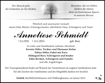 Traueranzeige von Anneliese Schmidt von Südthüringer Presse