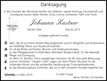 Traueranzeige von Johanna Kastner von Neue Presse Coburg