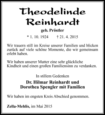 Traueranzeige von Theodelinde Reinhardt von Südthüringer Presse