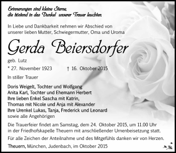 Traueranzeige von Gerda Beiersdorfer von Südthüringer Presse