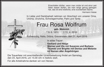 Traueranzeige von Rosa Wolfrum von Frankenpost