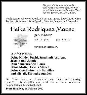 Traueranzeige von Heike Rodriquez Maceo von Südthüringer Presse