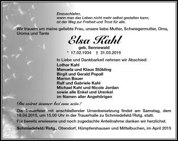 Traueranzeige von Elsa Kahl von Südthüringer Presse