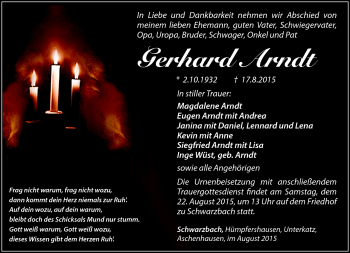 Traueranzeige von Gerhard Arndt von Südthüringer Presse