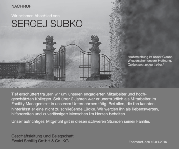 Traueranzeige von Sergej Subko von Neue Presse Coburg