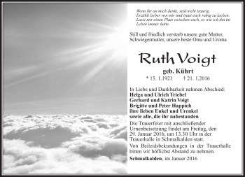 Traueranzeige von Ruth Voigt von Südthüringer Presse