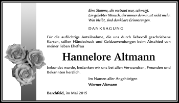 Traueranzeige von Hannelore Altmann von Südthüringer Presse