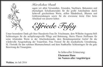 Traueranzeige von Elfriede Fußy von Südthüringer Presse
