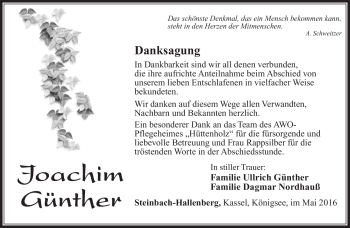 Traueranzeige von Joachim Günther von Südthüringer Presse