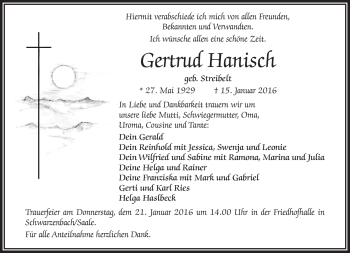 Traueranzeige von Gertrud Hanisch von Frankenpost