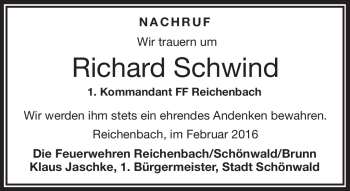 Traueranzeige von Richard Schwind von Frankenpost