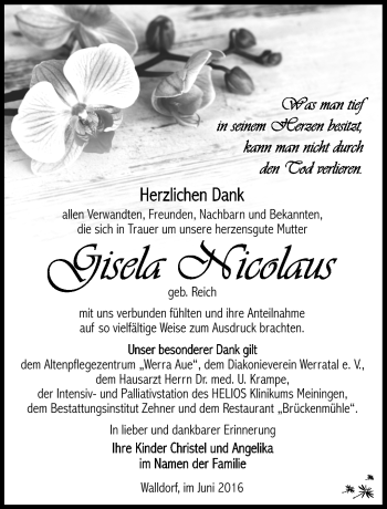 Traueranzeige von Gisela Nicolaus von Südthüringer Presse