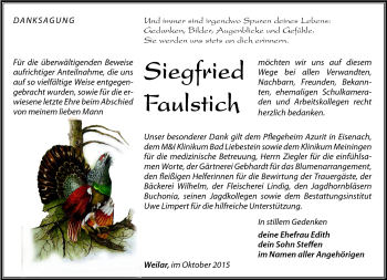 Traueranzeige von Siegfried Faulstich von Südthüringer Presse